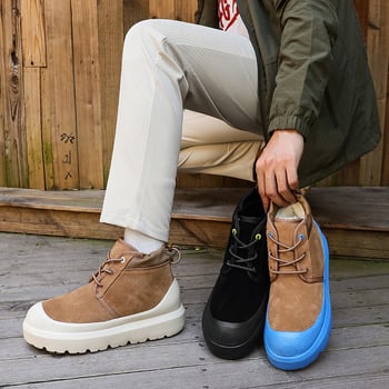 Мъжки зимни снегоботи – кожена горна част, подплата от овча вълна, EVA подметка, закрълен нос, повдигане 3–5 см