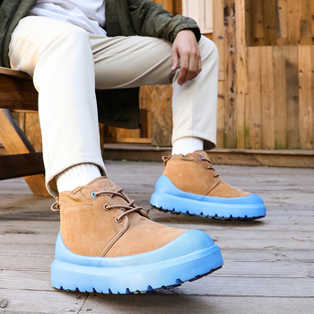 Мъжки зимни снегоботи – кожена горна част, подплата от овча вълна, EVA подметка, закрълен нос, повдигане 3–5 см