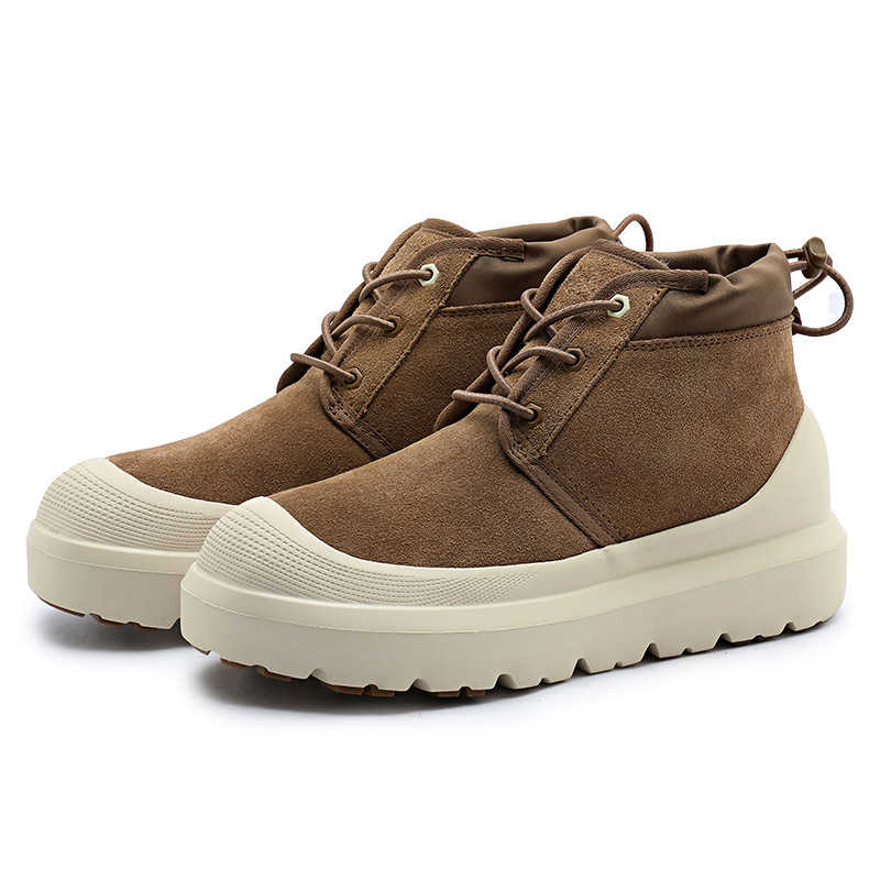 Мъжки зимни снегоботи – кожена горна част, подплата от овча вълна, EVA подметка, закрълен нос, повдигане 3–5 см