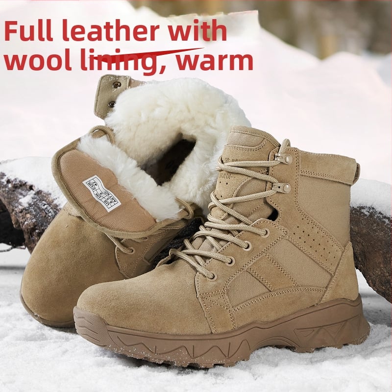 Ghete de iarnă pentru bărbați, partea superioară din piele, căptușite cu lână de oaie, talpă din cauciuc antiaderent, toc conic