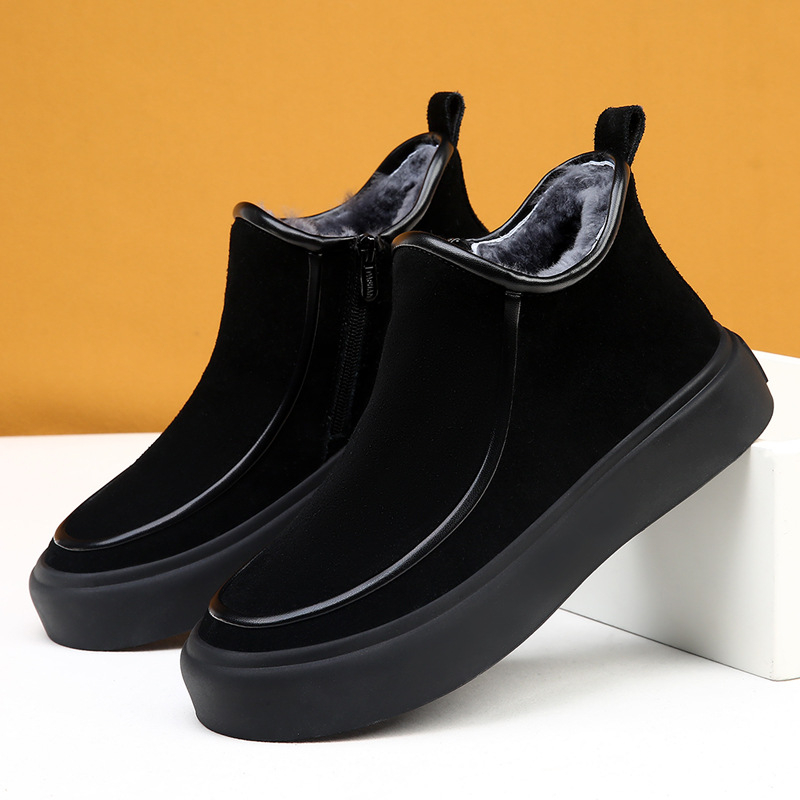 Ανδρικά χειμερινά μποτάκια χιονιού, casual στυλ, άνω μέρος nubuk δέρμα βοδιού, επένδυση μαλλί, σόλα καουτσούκ, πλάγιο φερμουάρ