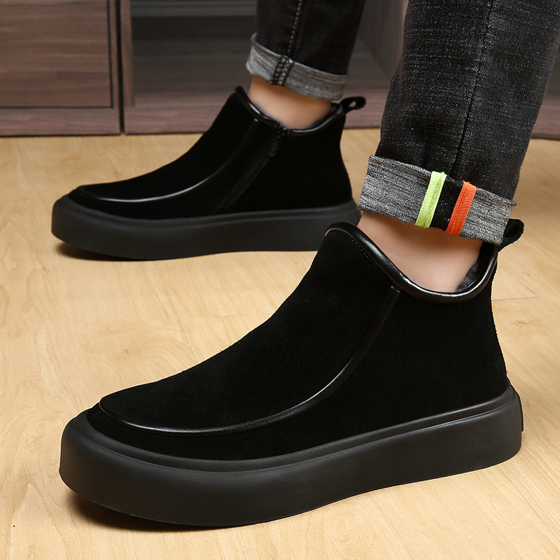 Ανδρικά χειμερινά μποτάκια χιονιού, casual στυλ, άνω μέρος nubuk δέρμα βοδιού, επένδυση μαλλί, σόλα καουτσούκ, πλάγιο φερμουάρ