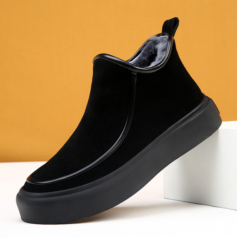 Ανδρικά χειμερινά μποτάκια χιονιού, casual στυλ, άνω μέρος nubuk δέρμα βοδιού, επένδυση μαλλί, σόλα καουτσούκ, πλάγιο φερμουάρ