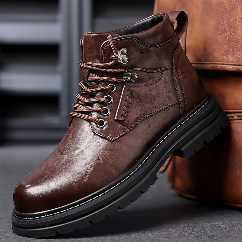 Ανδρικά μποτάκια Martin Boots — υψηλός κορμός δερμάτινα μποτάκια με παχιά σόλα καουτσούκ, επένδυση από μαλλί-κάσμιρ, κλείσιμο με κορδόνι στο μπροστινό μέρος, αδιάβροχα και αντιολισθητικά, χειμερινό vintage στυλ