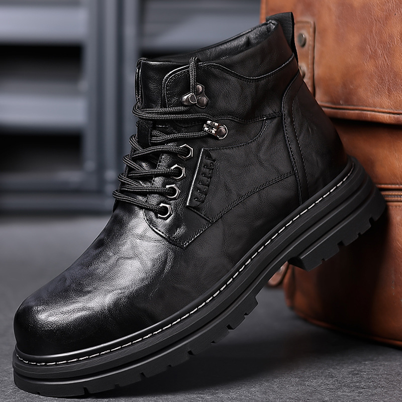 Ανδρικά μποτάκια Martin Boots — υψηλός κορμός δερμάτινα μποτάκια με παχιά σόλα καουτσούκ, επένδυση από μαλλί-κάσμιρ, κλείσιμο με κορδόνι στο μπροστινό μέρος, αδιάβροχα και αντιολισθητικά, χειμερινό vintage στυλ