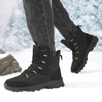 Χιονικές μπότες εξωτερικού χώρου για τον χειμώνα - ψηλό σχέδιο, επένδυση από τεχνητό κοντό γούνι, πάνω μέρος από σουέτ και ύφασμα Oxford, αντιολισθητική σόλα από καουτσούκ