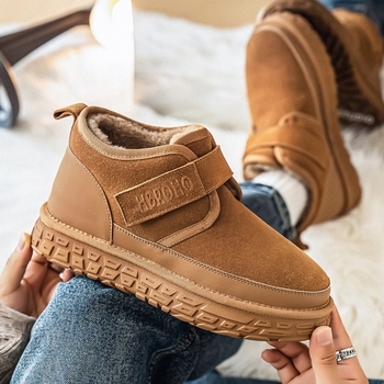 Снежни ботуши с висока горна част, плюшен хастар, набук от кравешка кожа, каучукова подметка с антиплъзгане, дебела подметка, кръгъл нос, за зима