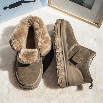 Снежни ботуши с висока горна част, плюшен хастар, набук от кравешка кожа, каучукова подметка с антиплъзгане, дебела подметка, кръгъл нос, за зима