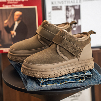 Снежни ботуши с висока горна част, плюшен хастар, набук от кравешка кожа, каучукова подметка с антиплъзгане, дебела подметка, кръгъл нос, за зима