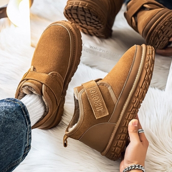 Снежни ботуши с висока горна част, плюшен хастар, набук от кравешка кожа, каучукова подметка с антиплъзгане, дебела подметка, кръгъл нос, за зима