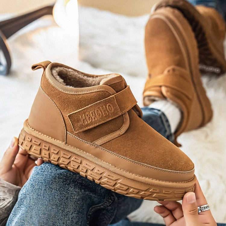 Снежни ботуши с висока горна част, плюшен хастар, набук от кравешка кожа, каучукова подметка с антиплъзгане, дебела подметка, кръгъл нос, за зима