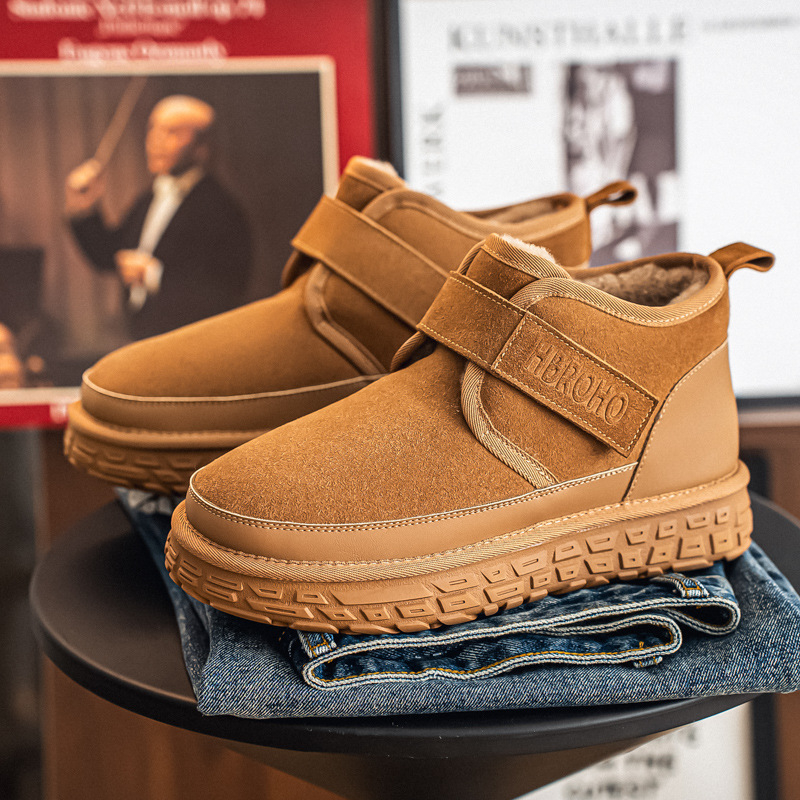 Снежни ботуши с висока горна част, плюшен хастар, набук от кравешка кожа, каучукова подметка с антиплъзгане, дебела подметка, кръгъл нос, за зима