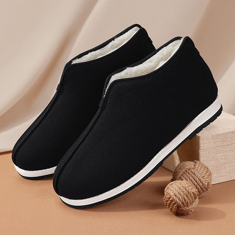 Ανδρικές παντόφλες σε στυλ Old Beijing, επένδυση φλίς για ζεστασιά, πάνω μέρος από βαμβάκι, παχιά σόλα από καουτσούκ, αντιολισθητικές και ανθεκτικές στη φθορά
