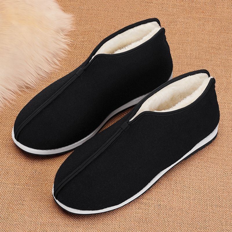 Ανδρικές παντόφλες σε στυλ Old Beijing, επένδυση φλίς για ζεστασιά, πάνω μέρος από βαμβάκι, παχιά σόλα από καουτσούκ, αντιολισθητικές και ανθεκτικές στη φθορά