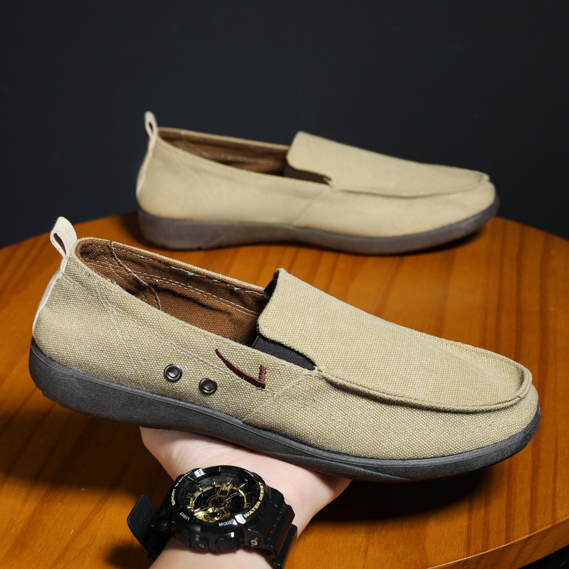 Muške slip-on casual loaferice – platnene gornje, okrugli vrh, plastična potplat, tekstilna uložak, ravna peta