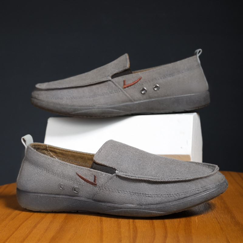 Muške slip-on casual loaferice – platnene gornje, okrugli vrh, plastična potplat, tekstilna uložak, ravna peta