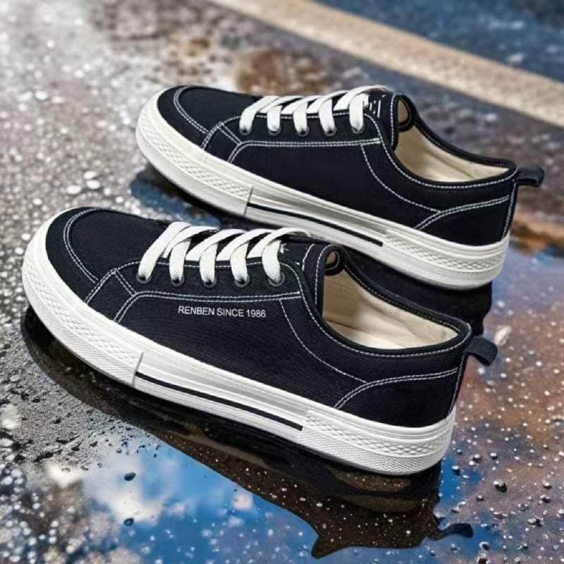 Férfi vászoncipő, főiskolai stílus, fűzős, alacsony profilú, kerek orr, PVC talp