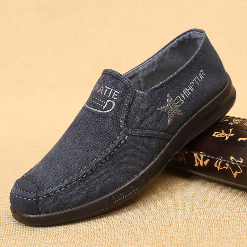Férfi mindennapi slip-on cipő denim felsőrésszel, kerek orr, alacsony felső rész, lélegző PU talp