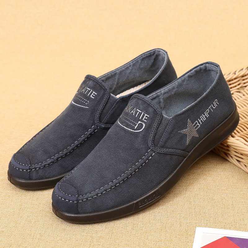 Férfi mindennapi slip-on cipő denim felsőrésszel, kerek orr, alacsony felső rész, lélegző PU talp