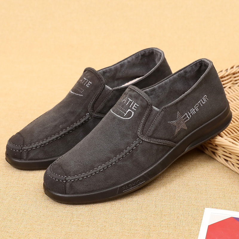 Férfi mindennapi slip-on cipő denim felsőrésszel, kerek orr, alacsony felső rész, lélegző PU talp