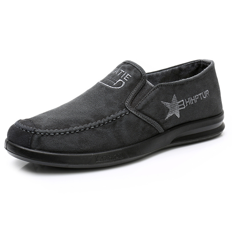 Férfi mindennapi slip-on cipő denim felsőrésszel, kerek orr, alacsony felső rész, lélegző PU talp