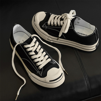 Adidași bărbați din pânză, cu talpă groasă și deschidere joasă — șireturi, partea superioară din pânză, talpă din cauciuc, vârf rotund