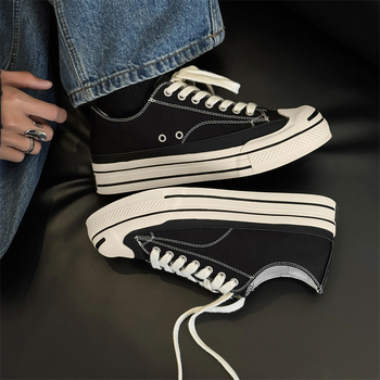 Adidași bărbați din pânză, cu talpă groasă și deschidere joasă — șireturi, partea superioară din pânză, talpă din cauciuc, vârf rotund