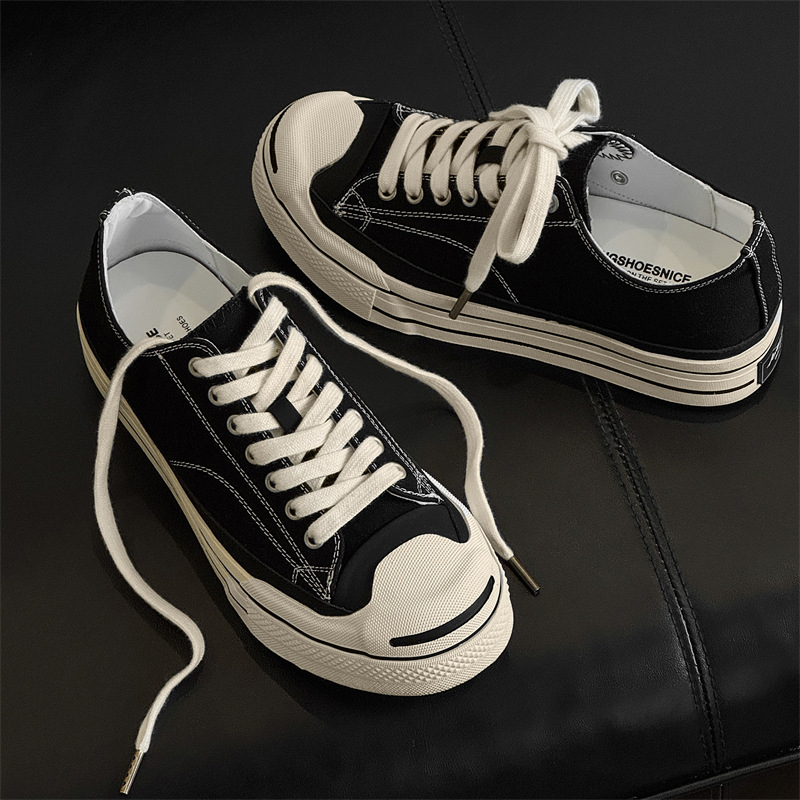 Adidași bărbați din pânză, cu talpă groasă și deschidere joasă — șireturi, partea superioară din pânză, talpă din cauciuc, vârf rotund