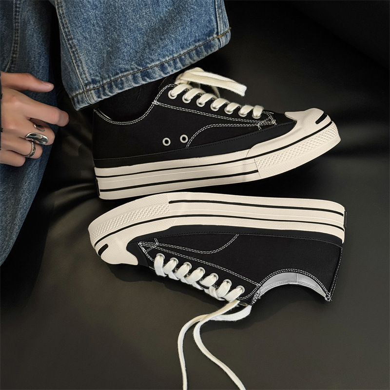 Adidași bărbați din pânză, cu talpă groasă și deschidere joasă — șireturi, partea superioară din pânză, talpă din cauciuc, vârf rotund