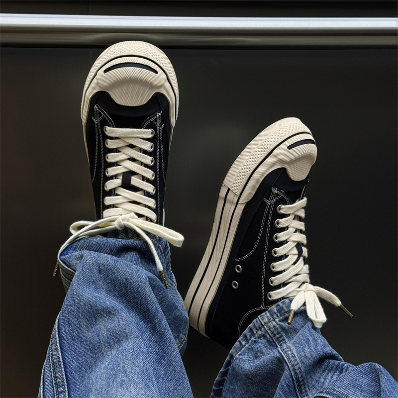 Adidași bărbați din pânză, cu talpă groasă și deschidere joasă — șireturi, partea superioară din pânză, talpă din cauciuc, vârf rotund