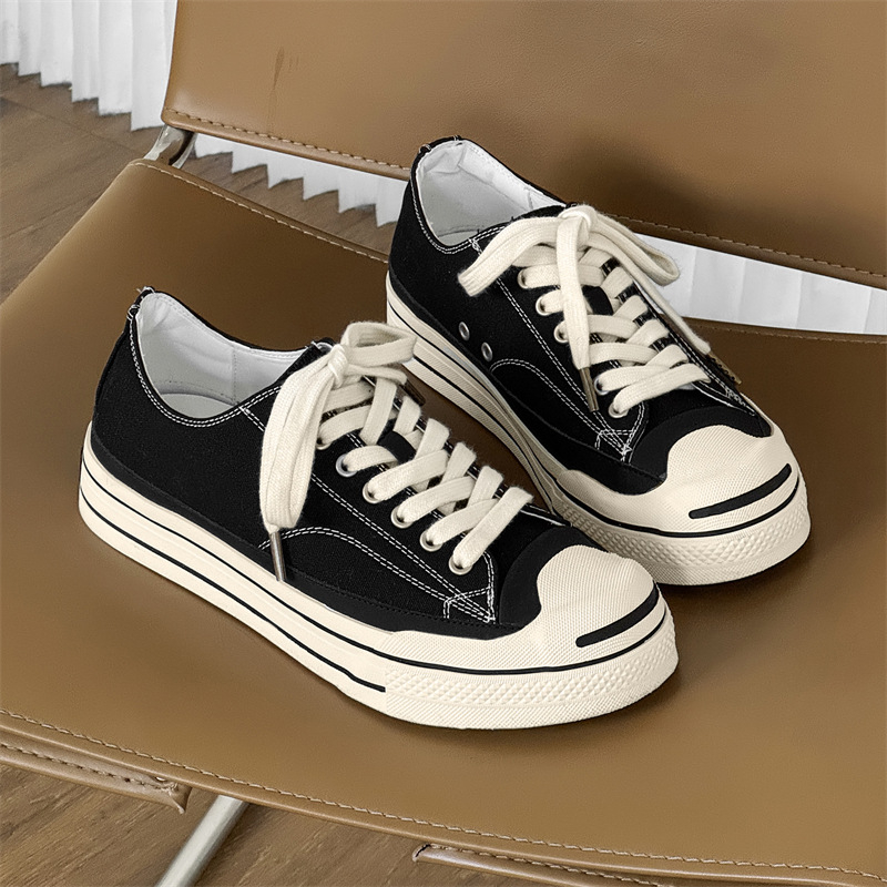 Adidași bărbați din pânză, cu talpă groasă și deschidere joasă — șireturi, partea superioară din pânză, talpă din cauciuc, vârf rotund