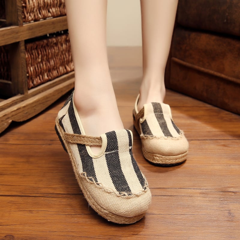 Pantofi Fisherman – partea superioară din canvas, model cu dungi, vârf rotund, talpă TPR, slip-on