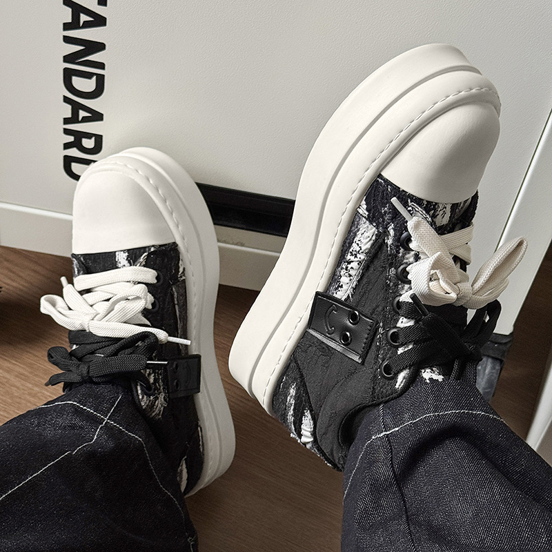 Pantofi sport din canvas cu talpă groasă de 8 cm pentru creșterea înălțimii, design de tip jos, șiret în față, talpă din cauciuc