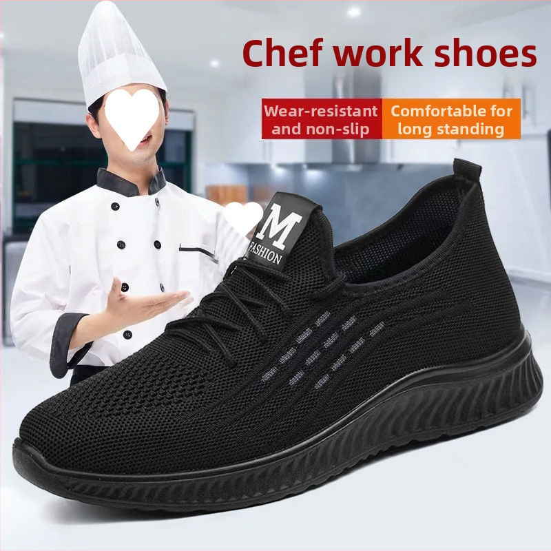 Pánske kuchynské topánky – priedušné, ľahké, protišmykové; bavlnený vršok, podrážka TPU, stredne vysoké, okrúhla špička, na jeseň.