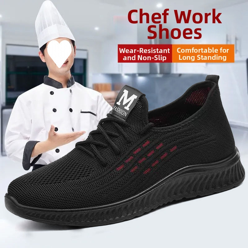 Pánske kuchynské topánky – priedušné, ľahké, protišmykové; bavlnený vršok, podrážka TPU, stredne vysoké, okrúhla špička, na jeseň.