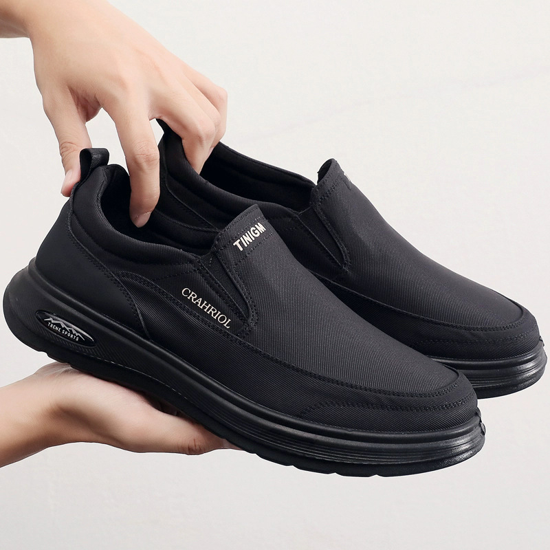 Férfi vászon slip-on cipő, mindennapi használatra, kerek orrú, légáteresztő vászon felsőrésszel, lapos poliuretán talppal, tavaszra és őszre