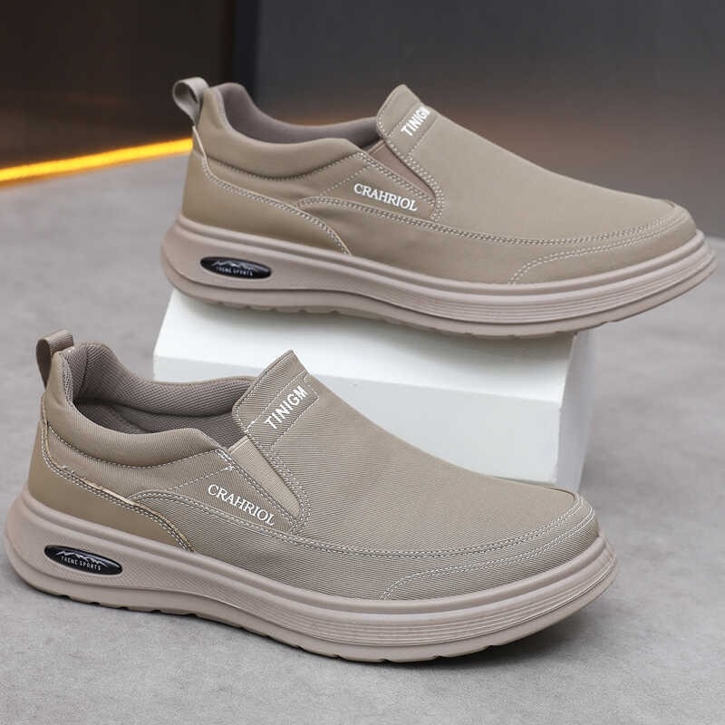 Férfi vászon slip-on cipő, mindennapi használatra, kerek orrú, légáteresztő vászon felsőrésszel, lapos poliuretán talppal, tavaszra és őszre