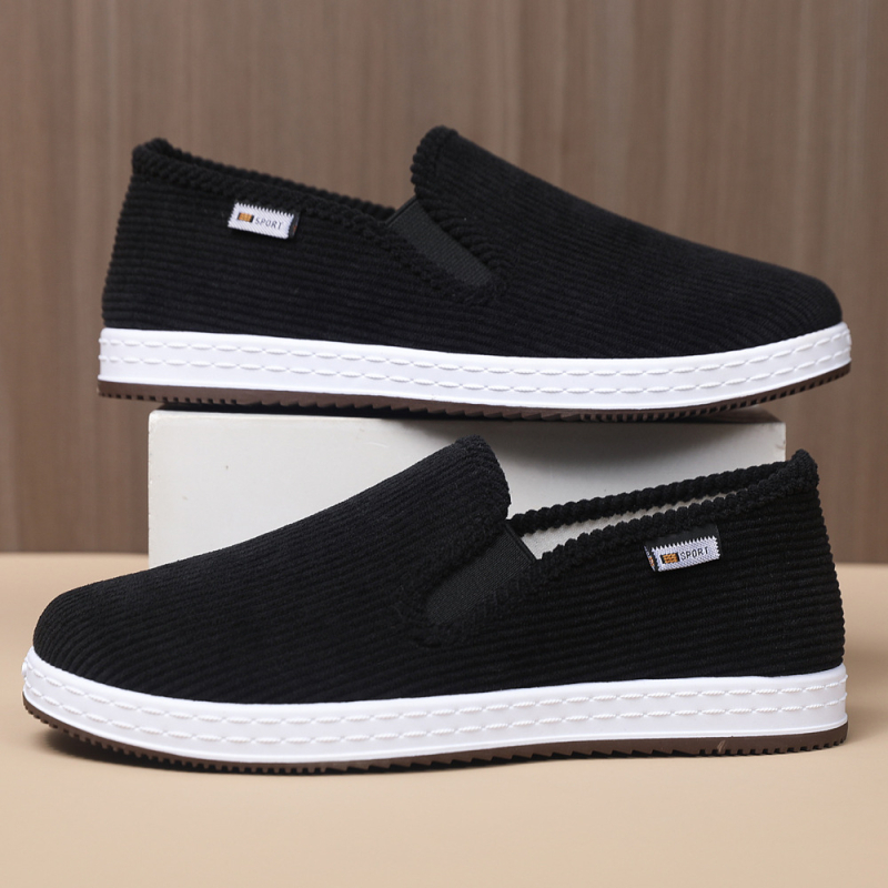 Pantofi slip-on pentru bărbați, din textile, partea superioară din bumbac, căptușeală textilă, talpă din cauciuc, vârf rotund, talpă fabricată prin injecție, toc mic 1–3 cm