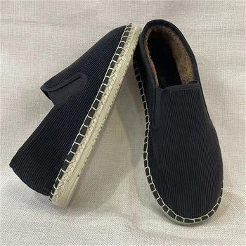Muške zimske cipele od pamukaste tkanine s pliš podstavom, okrugli nos, niski vrh, potplat od telećeg tetiva, elastično zatvaranje