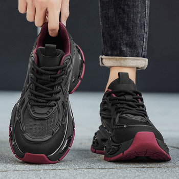 Pantofi sport casual pentru bărbați, stil dad shoes, cu pernă de aer pentru absorbția șocurilor, talpă groasă, închidere cu șireturi, partea superioară din fibră super, talpă din cauciuc