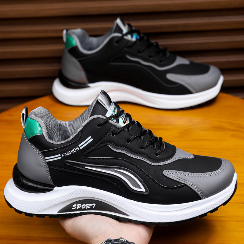 Pantofi sport pentru bărbați din piele, căptușeală din plasă respirabilă, închidere cu șireturi, gleznă joasă, talpă din plastic