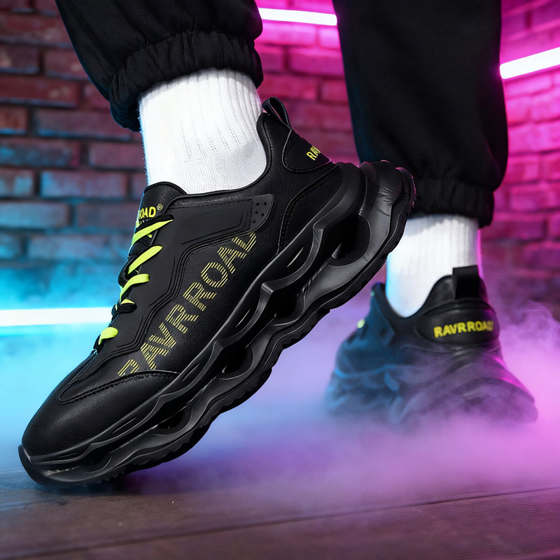 Adidași de alergare unisex cu talpă de înălțare, partea superioară din piele, căptușeală interioară din plasă respirabilă, ușori, închidere prin șireturi