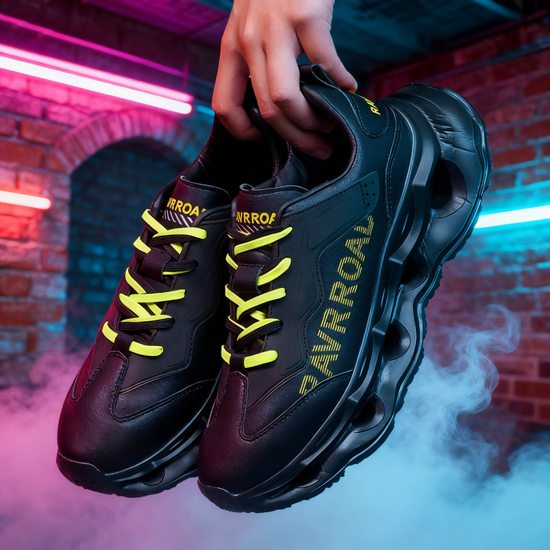 Adidași de alergare unisex cu talpă de înălțare, partea superioară din piele, căptușeală interioară din plasă respirabilă, ușori, închidere prin șireturi