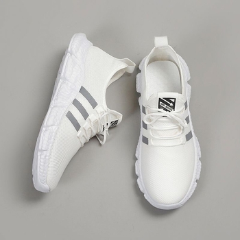 Pantofi sport unisex cu upper din plasă, talpă PVC, model dungat, guler jos, închidere cu șireturi