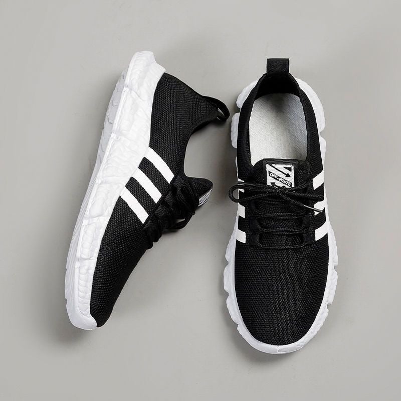 Pantofi sport unisex cu upper din plasă, talpă PVC, model dungat, guler jos, închidere cu șireturi