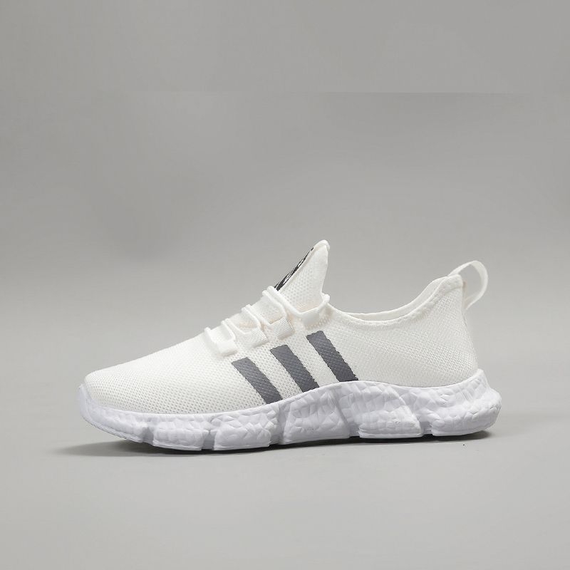 Pantofi sport unisex cu upper din plasă, talpă PVC, model dungat, guler jos, închidere cu șireturi