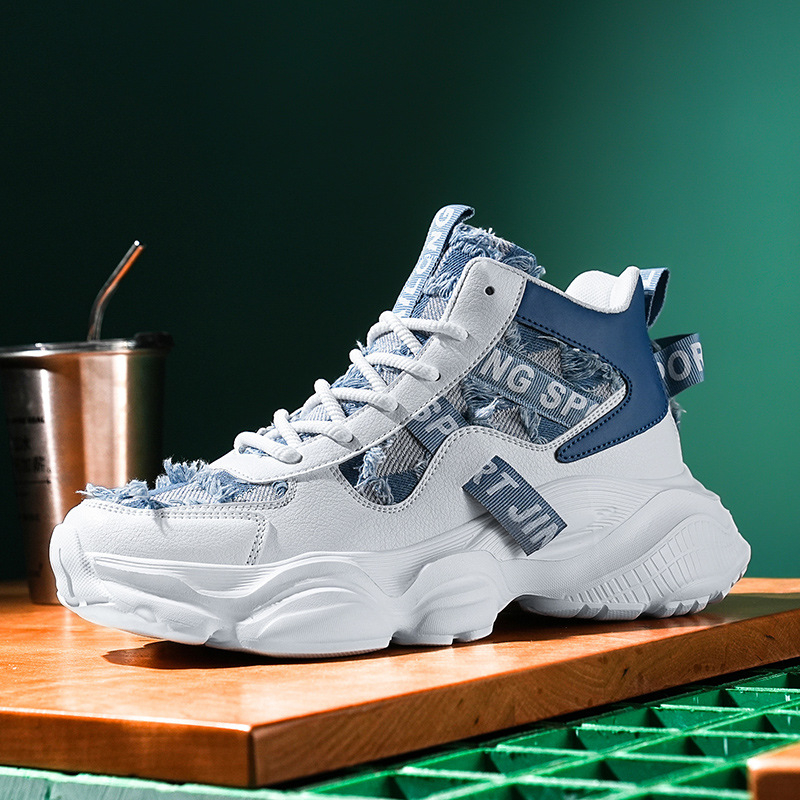 Adidași unisex cu talpă groasă, partea superioară din denim, căptușeală din plasă respirabilă, talpă rezistentă, închidere cu șireturi