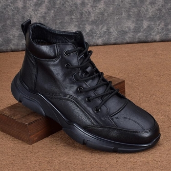 Pantofi casual din piele pentru bărbați, cu înălțime mare, partea superioară din piele naturală primă strat, talpă din cauciuc, branță interioară din piele de porc primă strat, toc mediu 3–5 cm, vârf rotund