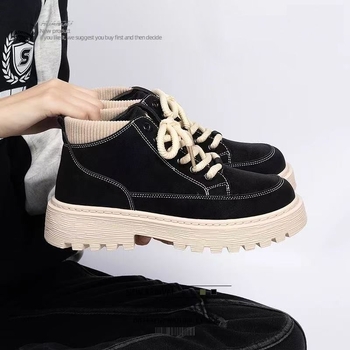 Ghete Martin pentru bărbați, bocanci înalți casual, PU parte superioară, talpă din plastic, înălțime călcâi 3–5 cm, vârf rotund, șireturi în față