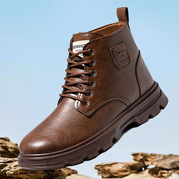 Ghete Martin pentru toamnă-iarnă, din PU, vârf rotund, impermeabile, talpă antiderapantă, șireturi în față